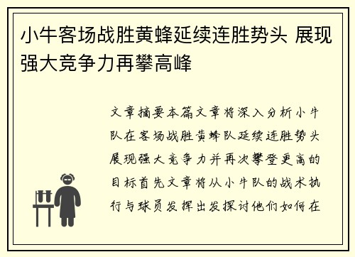 小牛客场战胜黄蜂延续连胜势头 展现强大竞争力再攀高峰