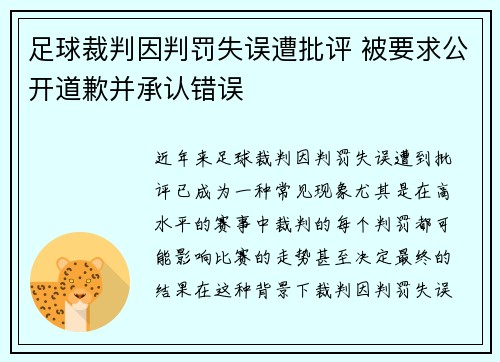 足球裁判因判罚失误遭批评 被要求公开道歉并承认错误