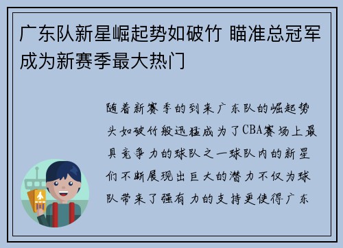广东队新星崛起势如破竹 瞄准总冠军成为新赛季最大热门