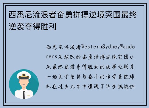 西悉尼流浪者奋勇拼搏逆境突围最终逆袭夺得胜利