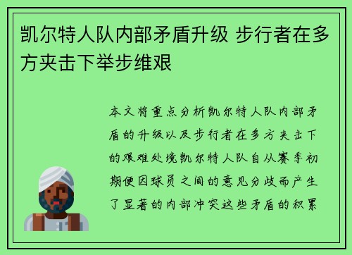 凯尔特人队内部矛盾升级 步行者在多方夹击下举步维艰
