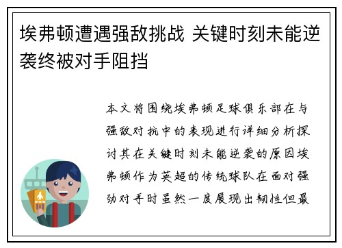 埃弗顿遭遇强敌挑战 关键时刻未能逆袭终被对手阻挡