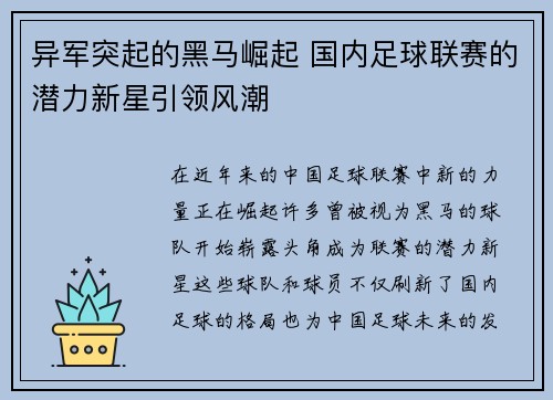异军突起的黑马崛起 国内足球联赛的潜力新星引领风潮