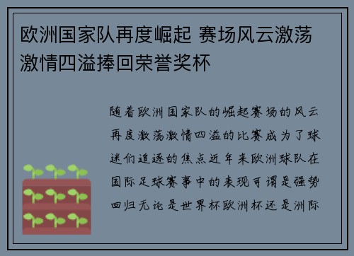 欧洲国家队再度崛起 赛场风云激荡 激情四溢捧回荣誉奖杯