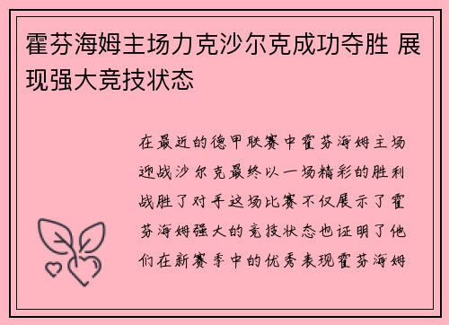 霍芬海姆主场力克沙尔克成功夺胜 展现强大竞技状态